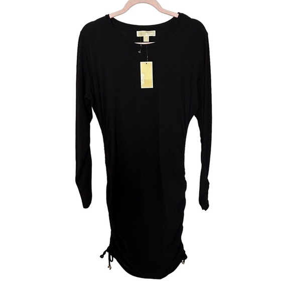 NWT Michael Michael Kors Black Long Sleeve Jersey Knit Ruched Mini Dress - Picture 2 of 14